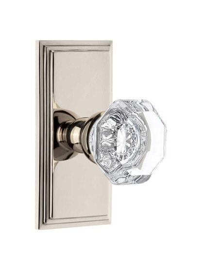 Grandeur Carre Rosette Door Set with Chambord Crystal-Glass Knobs in Polished Nickel.